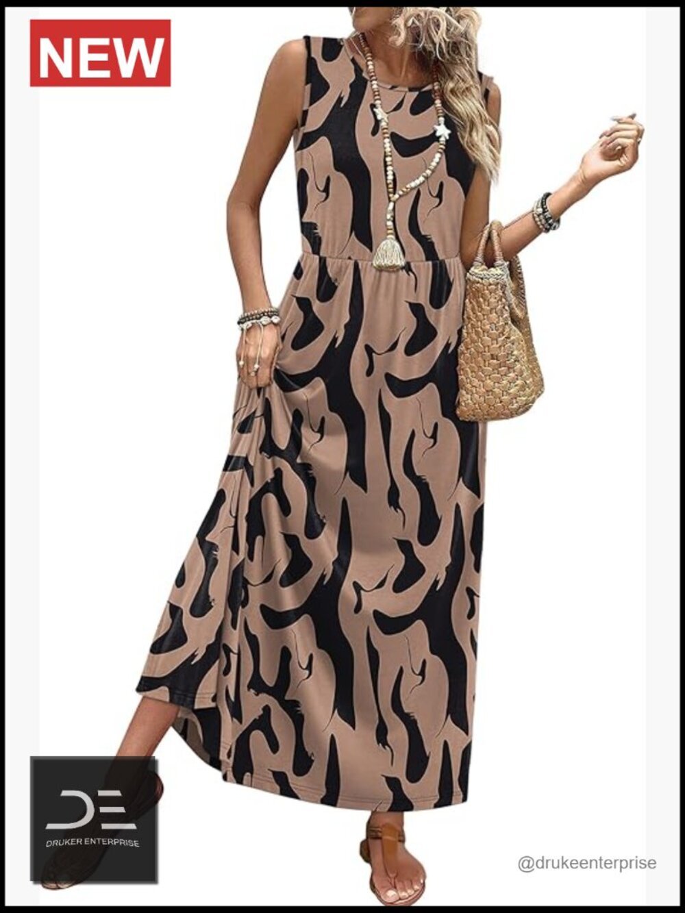 Maxi Dress Long Flowy A-Line Sleeveless Sundress with Pockets Elastic Waist